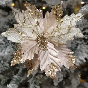 L&L 5 Pcs Larger Glitter Poinsettia 8 inches, Artificial Flowers Christmas with Stems, Xmas Tree Flowers Artificial Poinsettia Flowers