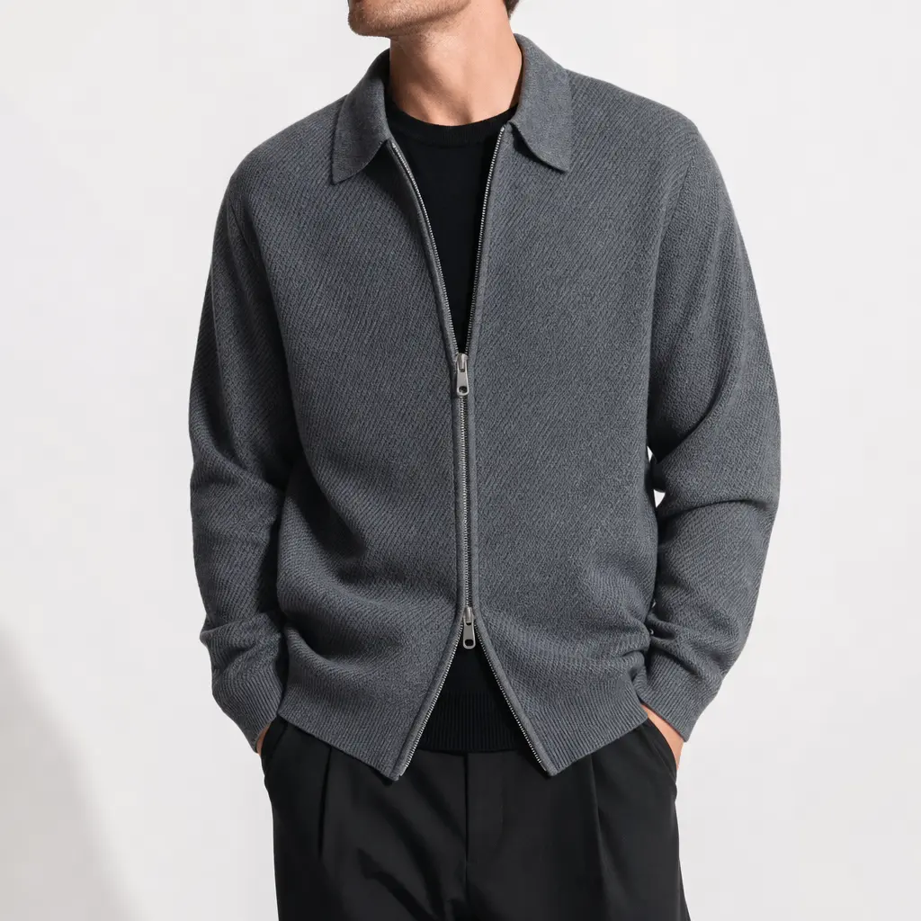 Men's Dark Grey Knit Jacket, Casual Fitted Long Sleeve Zip-Up Sweater with Polo Collar for Daily Layering, Knitwear, Wedding