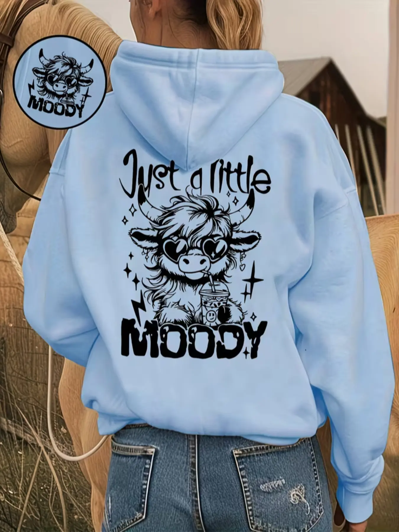 Women's Fashion Core Washed Hoodie Pullover Fitted Just a Little Moody Letter & Cow Drinking Milk Tea Print Pattern, Long Sleeve Kangaroo Pocket, Casual Everyday Fall Winter Wear Sweatshirts