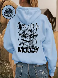 Women's Fashion Hoodie Fitted Just a Little Moody Letter & Cow Drinking Milk Tea Pattern, Long Sleeve Kangaroo Pocket, Casual Fall Winter Wear