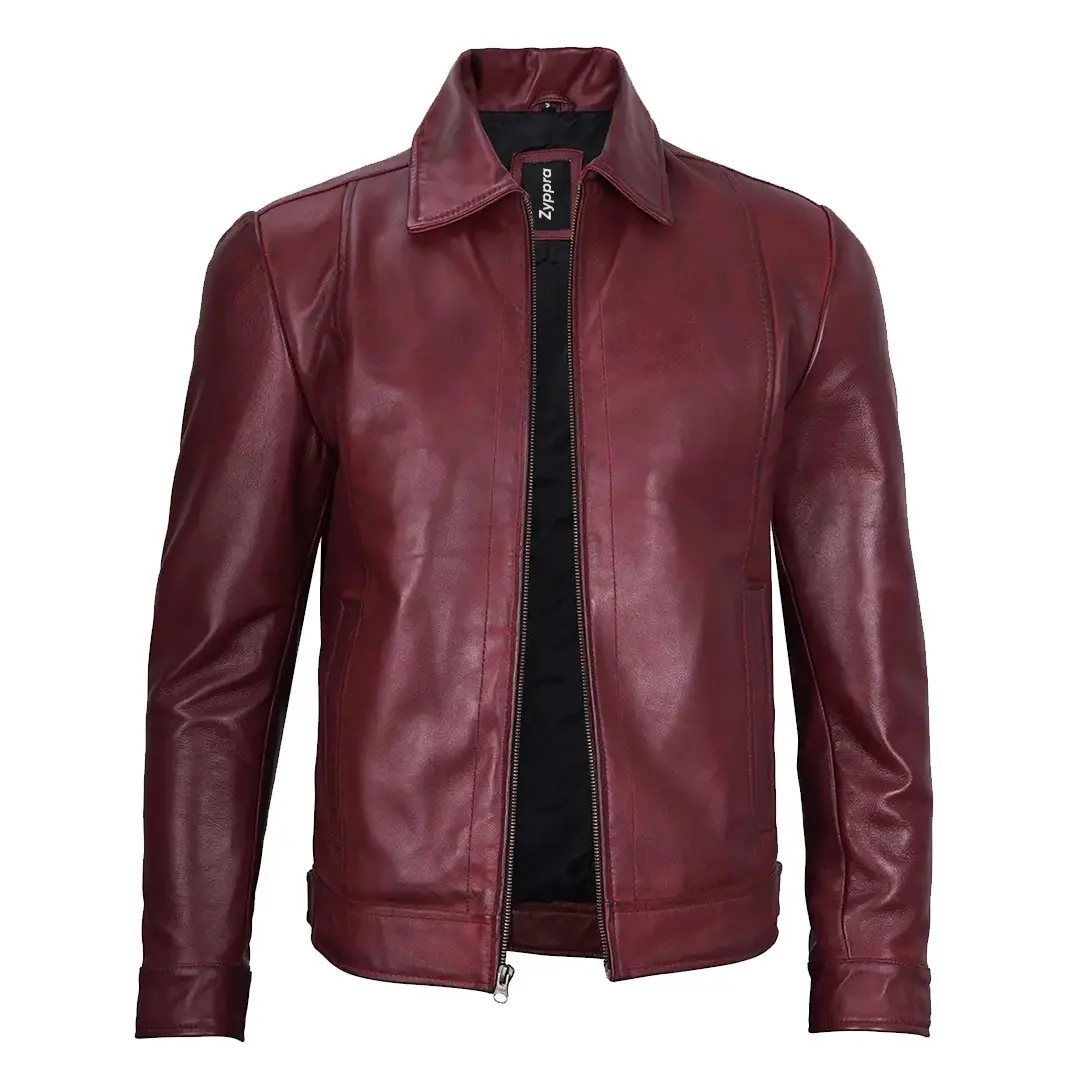 Men's Classic Maroon Leather Jacket with Shirt Collar – Timeless & Stylish Outerwear