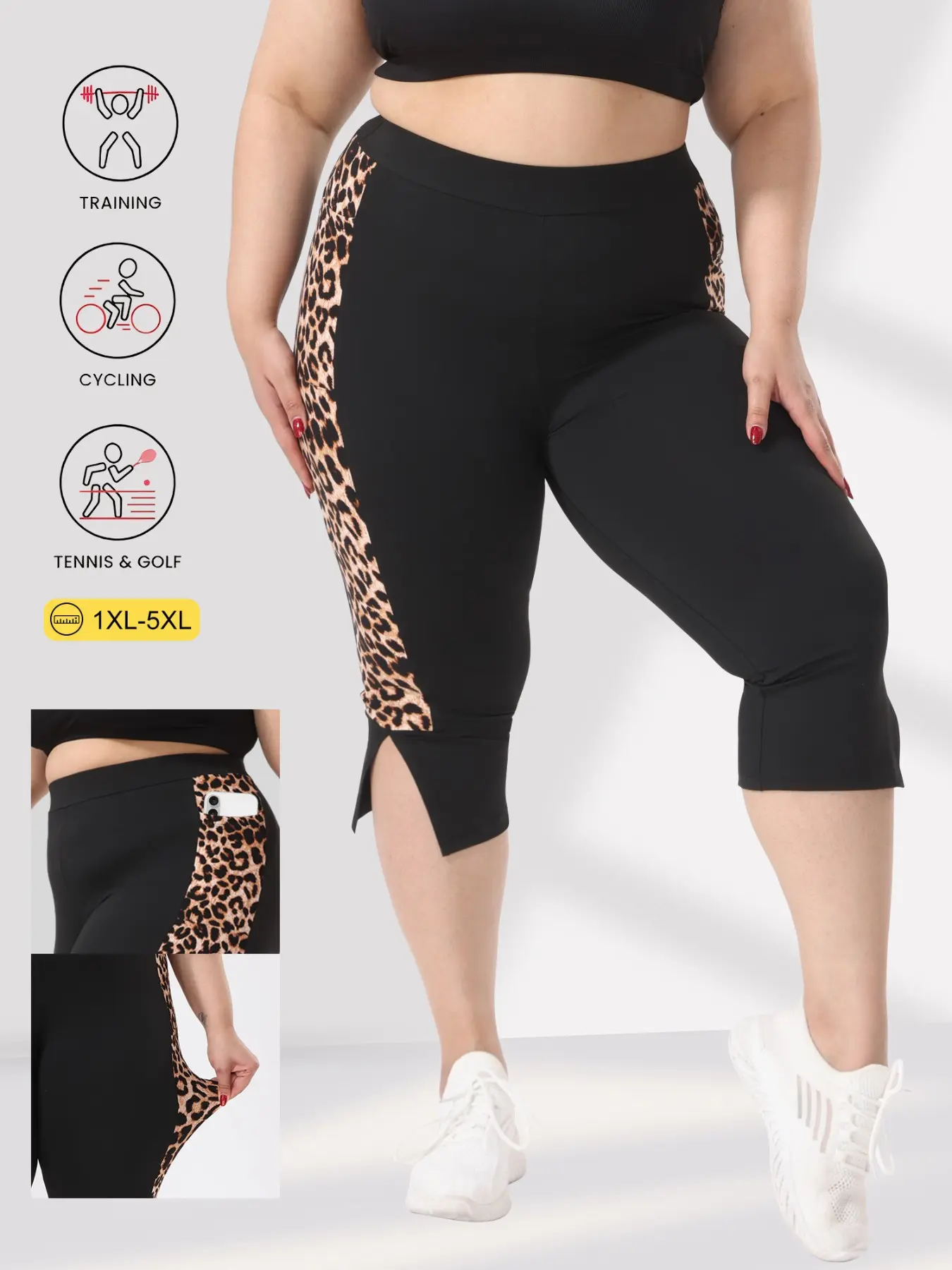 Plus Size Capri Seven-Inch Leggings, High Waisted Athletic, High Waisted Sportswear, Breathable Activewear Bottoms, Women Workout Clothes, Soft Tight Fit, Colorblock Leopard Print, Side Pockets, Elastic Knit Fabric