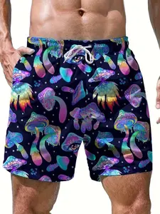 Men's Colorful Mushroom Vibrant Pattern Beach Shorts, Holiday Style Fitted Swim Trunks, Summer Fashion Short Pants with Drawstring Waist, Mushroom Print