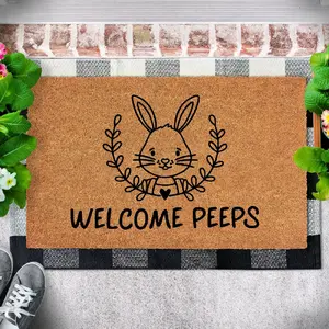 Welcome Peeps Coir Doormat with Bunny Design and Wreath for Easter Decorations
