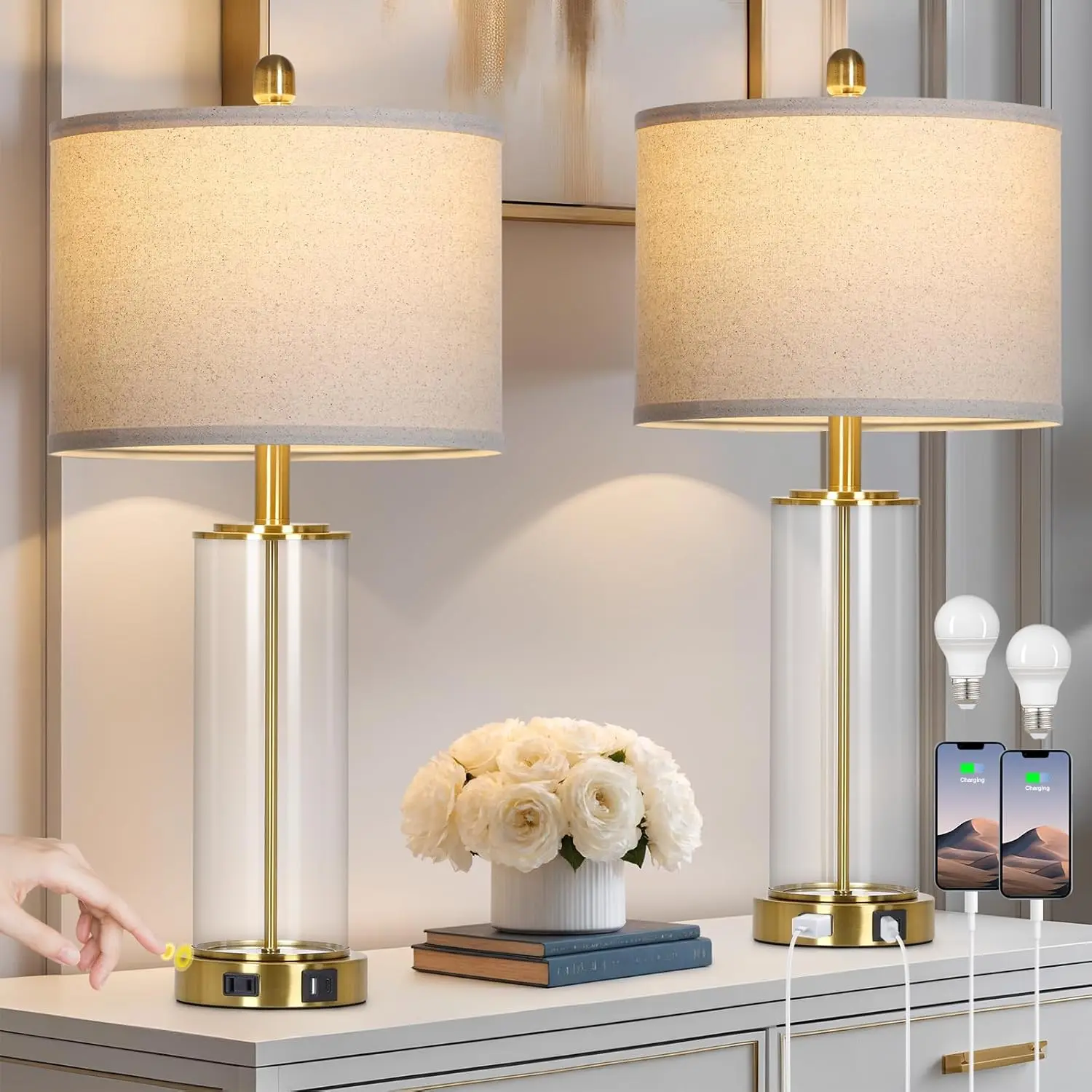 26" Glod Glass Table Lamps Set of 2, 3-Way Dimmable Touch Control Living Room Lamp with USB C+A Ports & AC Outlet, Modern Bedside Lamps, Elegant Bedroom Lamps for Nightstand Side End Table Desk
