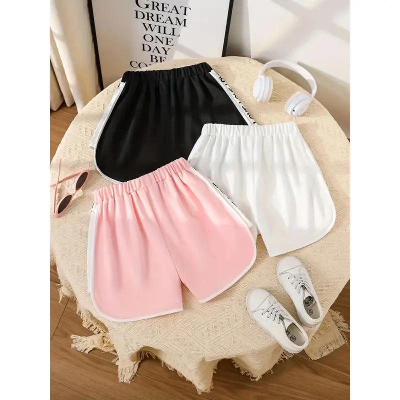 Girls' 3-Piece Tight-Fit Sports Shorts Set - Summer LOVE Letter Print, Breathable Polyester Knit, Elastic Waist, Suitable for Kids Outdoor Play & Casual Wear, Available in Black, Pink, White