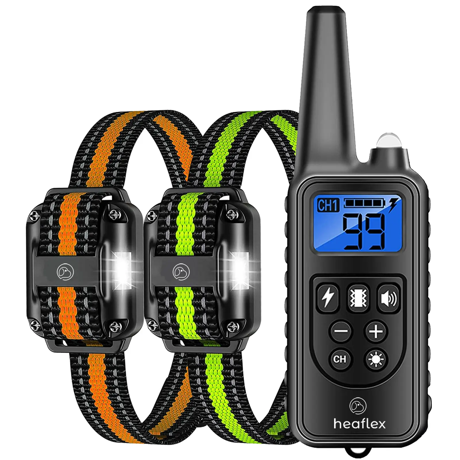 Black Heaflex 4-in-1 Dog Training Collar 2-Pack - Static Shock, Vibration, Buzzer, LED Light - 4200ft Range, IPX7 Waterproof, Low Voltage - Anti-Bark, Anti-Bite, Safety Lock - Professional Choice for Beaches, Parks, Hikes, Nylon, Adjustable Size, All Seas