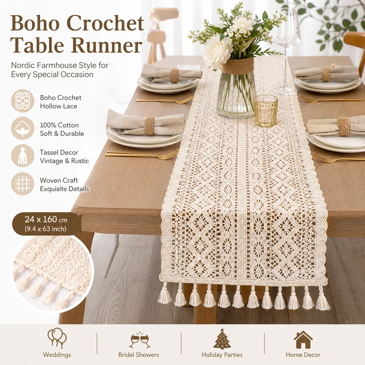 Boho Crochet Hollow Lace Table Runner With Tassels,Nordic Farmhouse Cotton Woven Table Cover, Vintage Rustic Table Runner For Wedding, Bridal Shower, Holiday Party,home Dining Table Decor