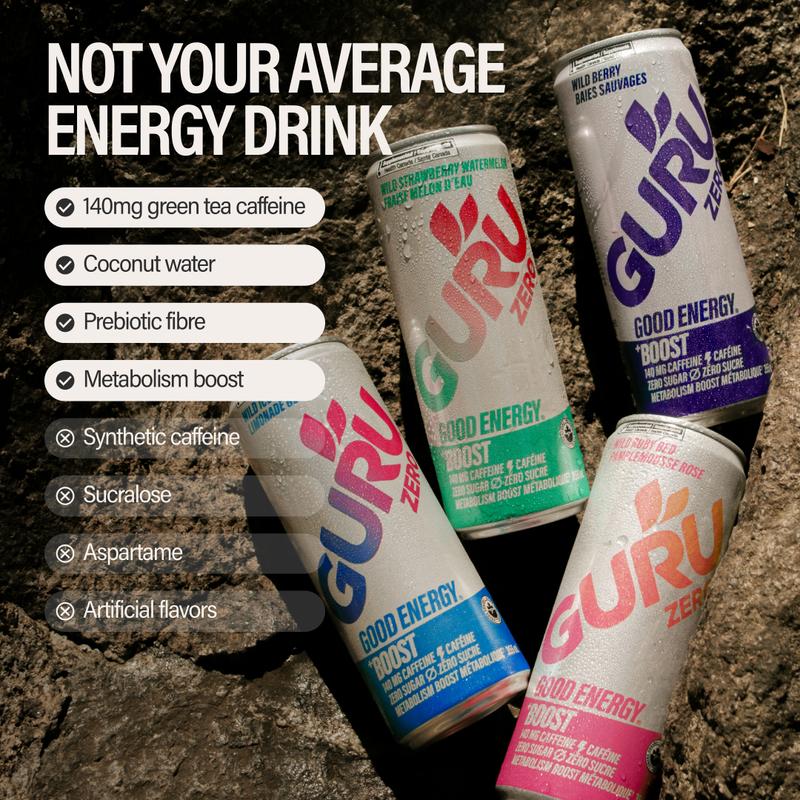 GURU ZERO SUGAR Organic Energy Drinks Variety Pack, Clean Energy Beverage with Plant Based Natural Caffeine from Green Tea, Coconut Water, Prebiotic, Zero Added sugars, Gluten Free and Vegan, Pre Workout, Healthy Drinks, 12oz (Pack of 12)