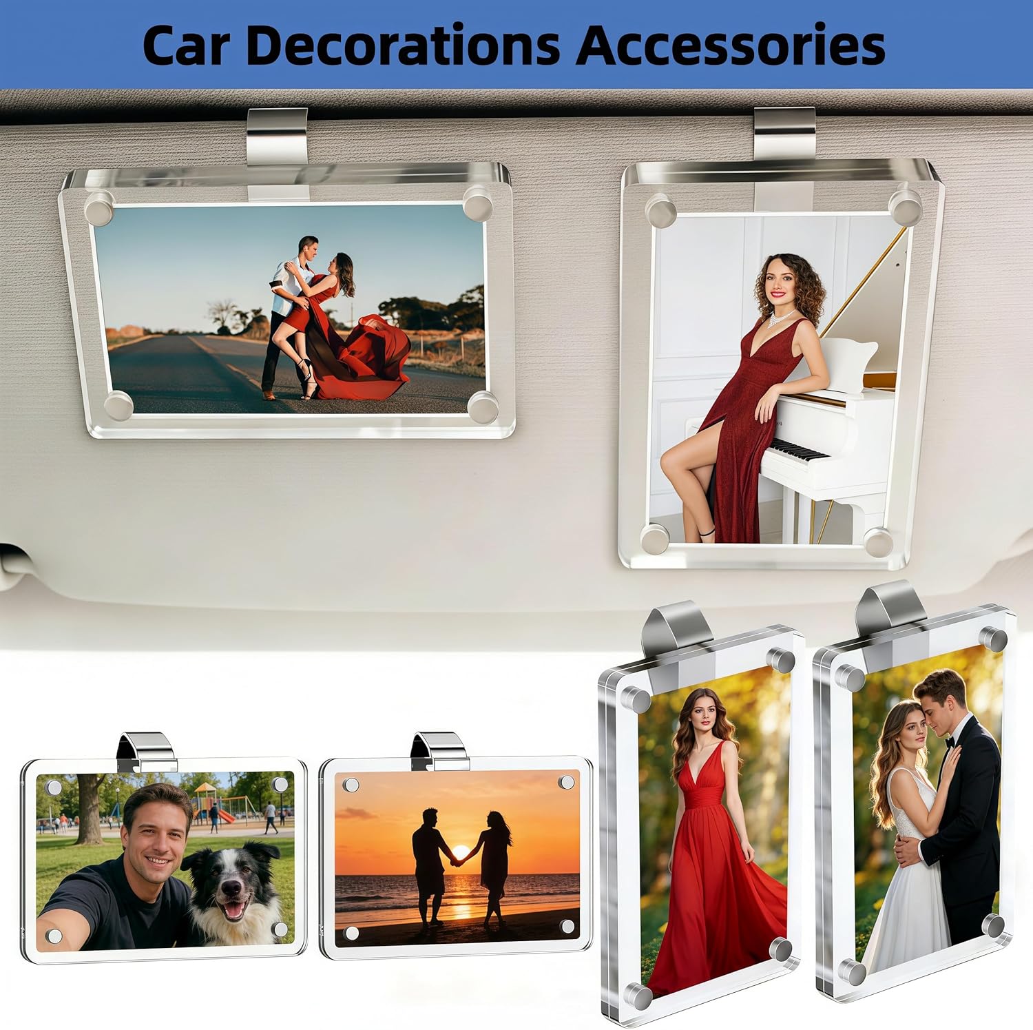 2Packs Car Picture Holder for Sun Visor, Clear Acrylic Magnet Car Visor Photo Clip, 2.36"x3.5" Picture Frame, Horizontal & Vertical Personalized Photo Display for Car Decorations Gifts