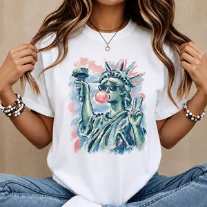 Womenswear Women's Funny Statue of Liberty Graphic Tee - Bubble Gum Liberty Patriotic Short-Sleeve Top for 4th of July Retro USA Summer