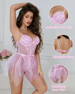 CHALOVELO Women Underwire Lace Teddy Bodysuit with Detachable Sheer Skirt, Floral Mesh Babydoll Lingerie with Snap Crotch