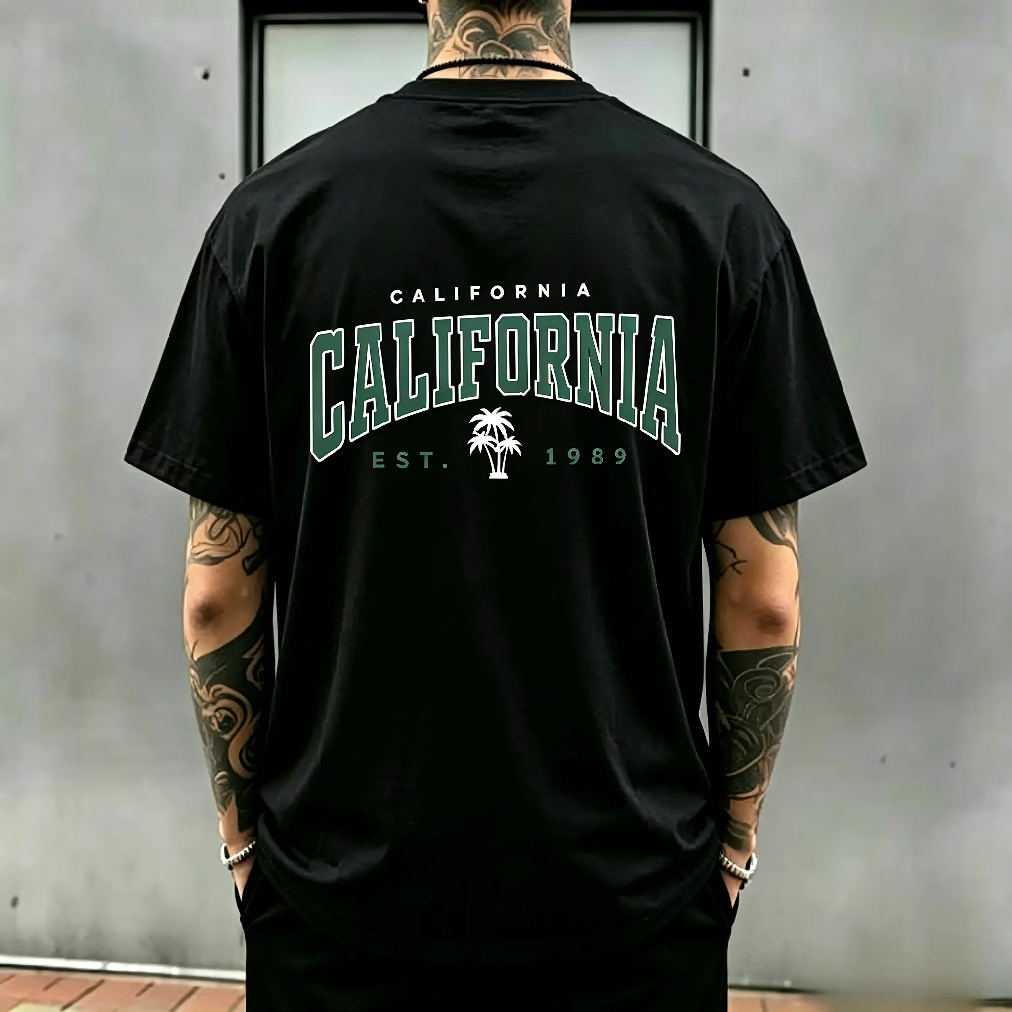 Men's Short-Sleeve Round Neck Black Cotton Tee - Unisex Vintage California EST 1989 Breathable Soft Graphic Top, Large Back Digital Print Palm Tree Varsity Letter, West Coast Retro Streetwear Casual, Gift for S-3XL California Enthusiasts