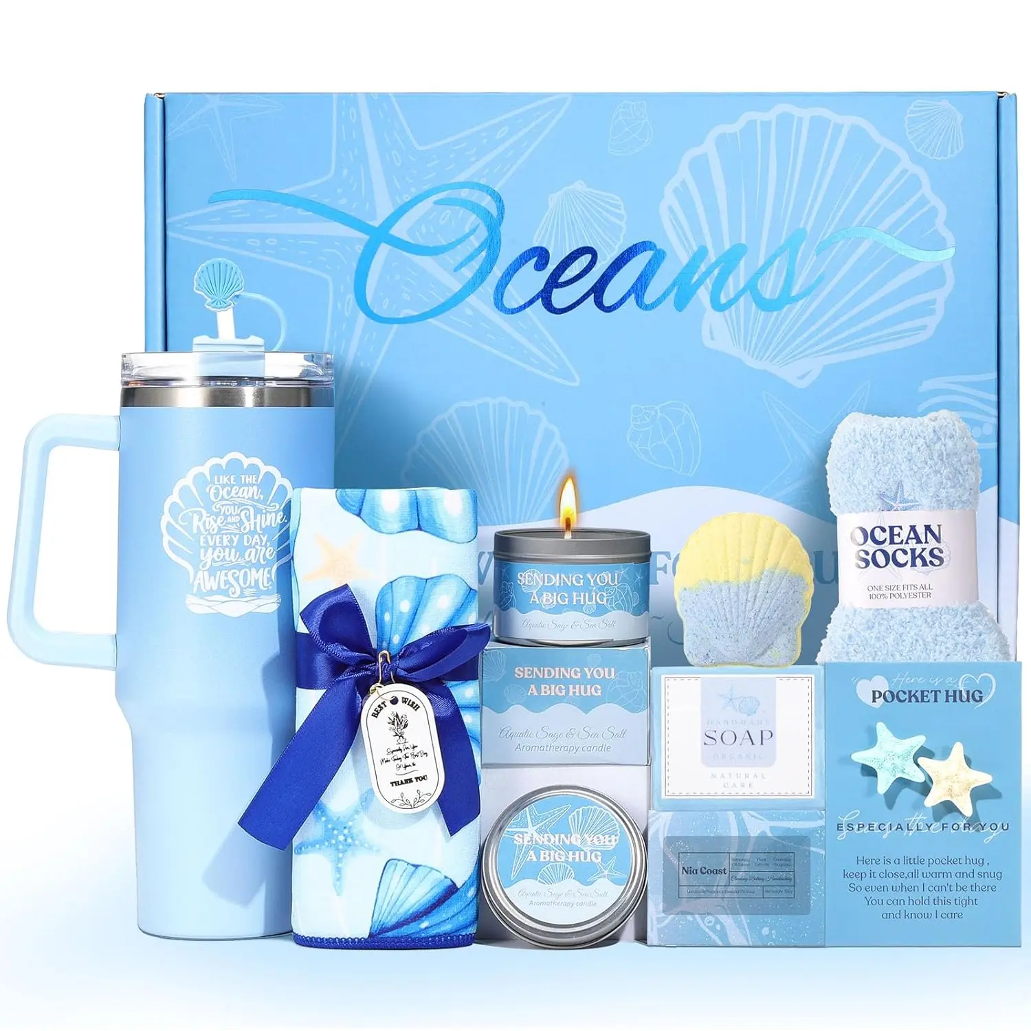 Mothers Day Gifts for Mom, Self Care Gift Basket for Women, Relaxation Spa Gift Set with Tumbler, Blue Ocean Gift Baskets for Mom, Wife, Grandma