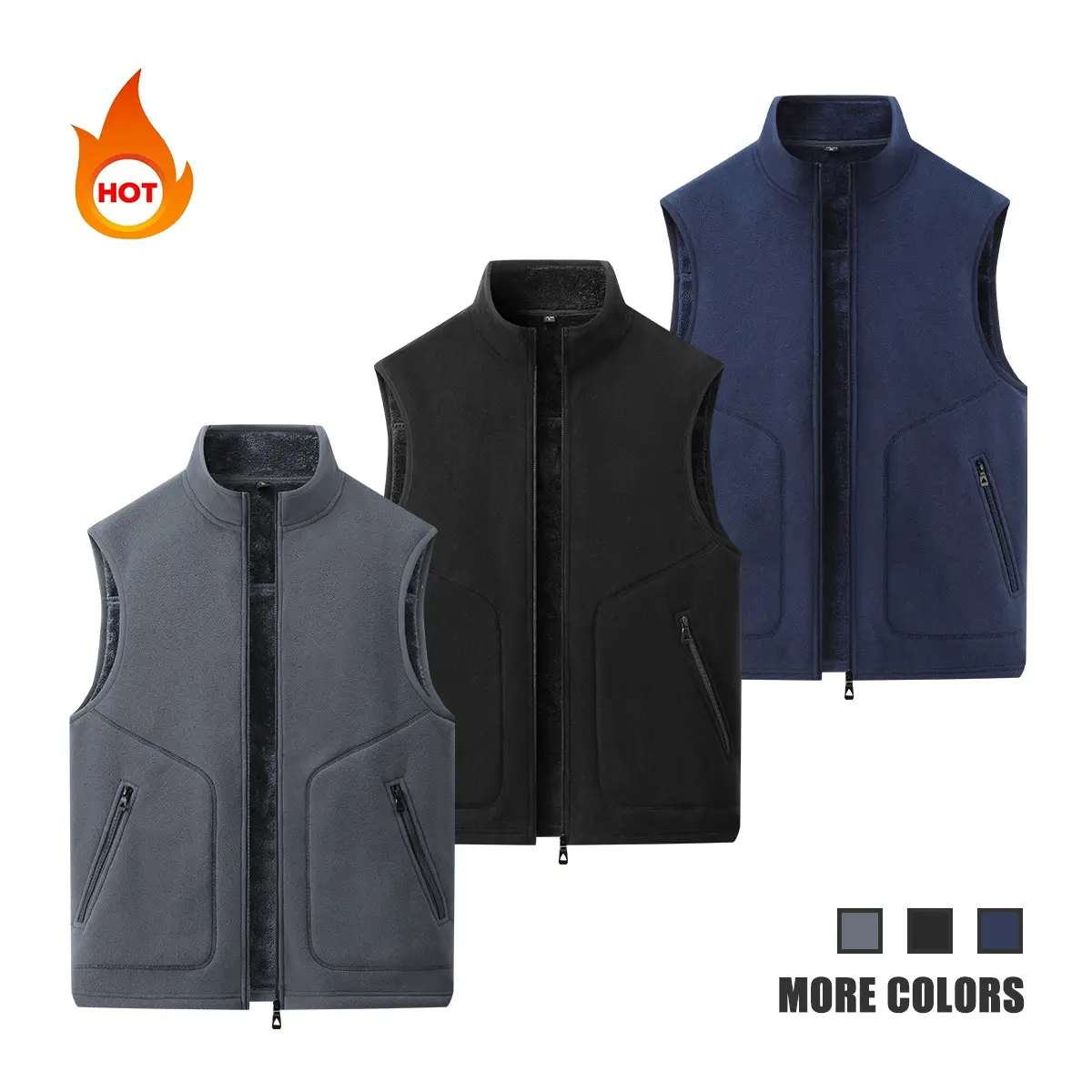 Men's Fashion Menswear Sleeveless Gilet - Plain Mock Neck Fitted Polyester Fleece-Lined Warm Vest, Autumn Winter Zippered Skin-Friendly Woven Fabric Casual Top, for Outdoor Activities, Grey