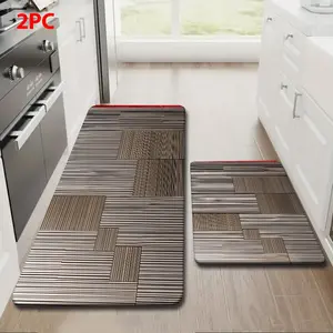 2/3 Piece Flannel Kitchen Mat Set, Vintage Geometric Wood Pattern, Non-Slip, Absorbent, Home Decor, Decorative Rug