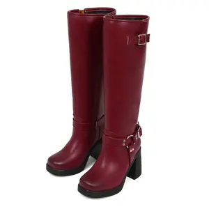Women‘s Burgundy Leather Knee High black Boots Platform Chunky Heel Buckle Boots for Gothic Punk Style Retro Tall Boots with Side Zipper for Daily Wear