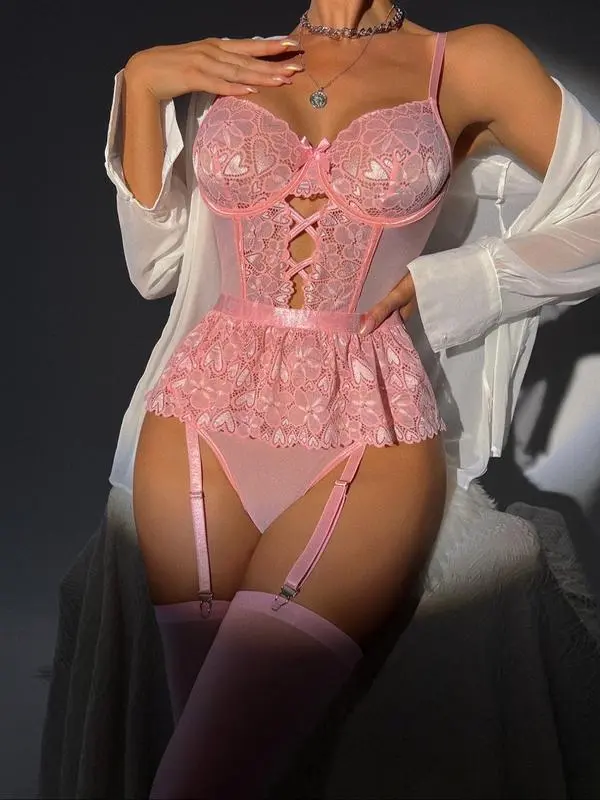 Women's Lace Criss Cross Sheer Sexy Lingerie Three-Piece Set, Romantic Cut Out Bow Decor Mesh Cami Bodysuit & Stockings Set for Daily Wear, Women's Lingerie for All Seasons