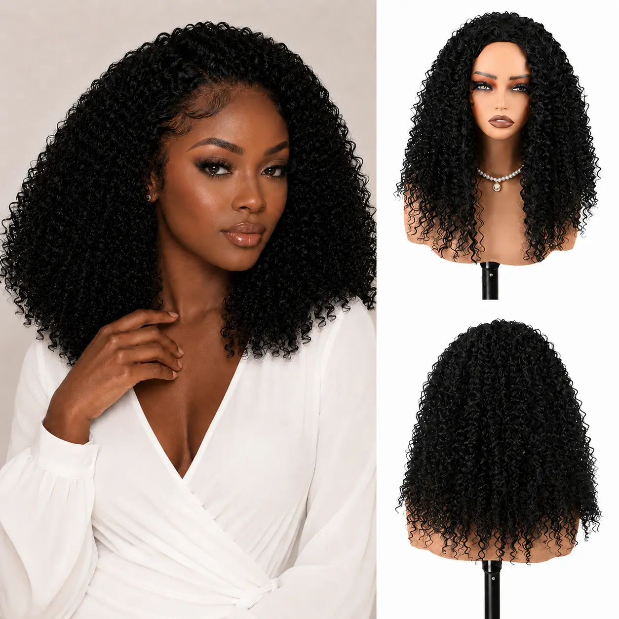 Half Wig 16inch Synthetic Hair Afro Curly 3 In 1 Drawstring Seamless Flip Over Half Wig Wear and Go Glueless Wigs Synthetic Hair for Black Women Full Head Clip-in No Glue Required Natural Look Beginner Friendly