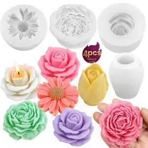 Set of Four Silicone Molds for Flower Making, 3D Design Includes Daisy, Peony, Rose, Tulip, Easy to Use for Candles, Soap, Resin Gifts, Soap Making Supplies