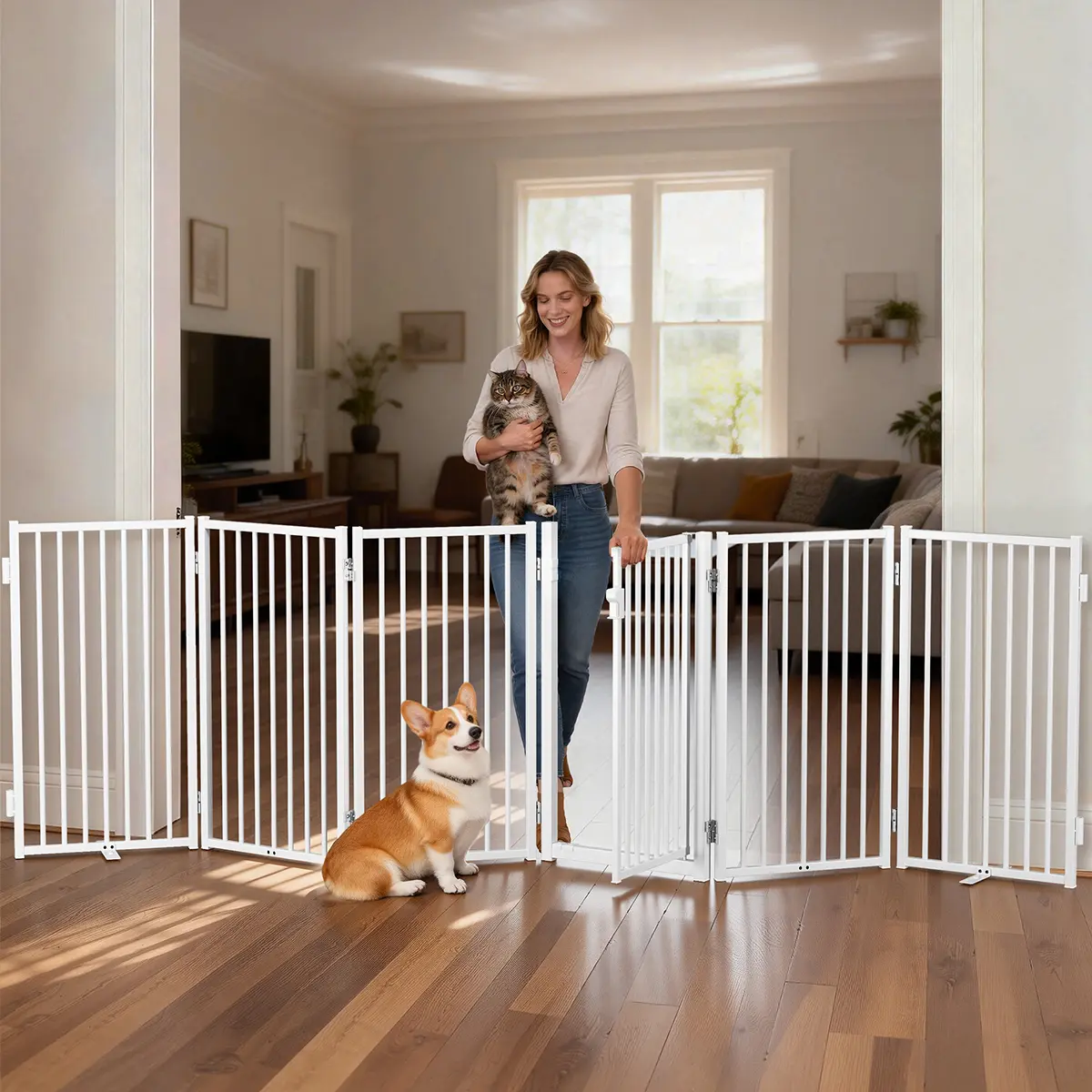 PAWGIANT 120" Free Standing Dog Gate with Door, Foldable Dog Fence for Indoor & Outdoor, 32''Height Dog Gate for Stairs, Hallways, Doorways, Deck, Yard, Pet Gate, 6 Metal Panels, White