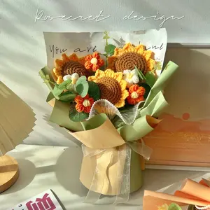 Wool Crochet Bouquet Handmade Knitted Rose Finished Product Creative Sunflower Gift for Women's Day, Valentine's Day, Mother's Day, Graduation Gift