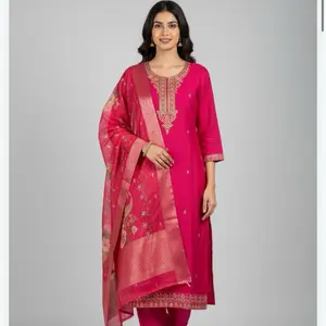 Kurta Set with Floral Banarsi Jari Dupatta Elegant Piece in Vibrant Pink for Special Occasions
