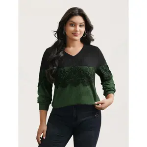 BloomChic Plus Size Casual V-Neck Long Sleeve Blouse with Crochet Lace Mesh Contrast Patchwork for Women, Lady Green Top