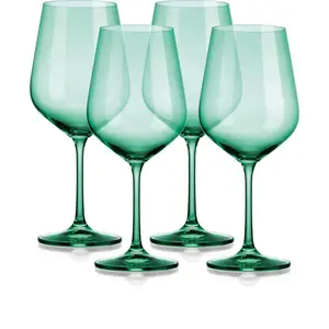 212 MAIN 19oz European Modern Round Balloon Wine Glasses, 4-Piece Translucent Large Pale Green Drinkware Set with Colorful Edge for Wine Serving