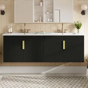 60" Vintage Bathroom Vanity with Ceramic Sink, with 3 Holes Single Ceramic Sink, Bathroom Storage Vanity Cabinet with 2 Soft Closing Doors