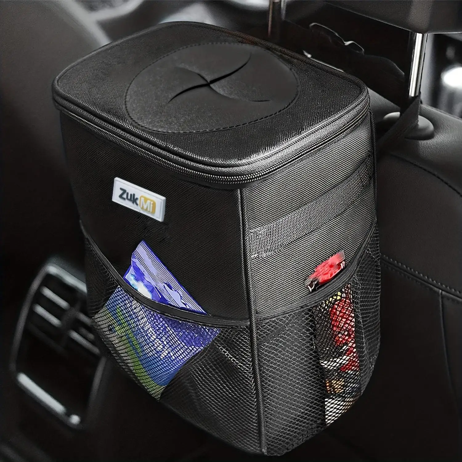 Car Trash Can with Lid and Storage Pockets, Leak-Proof Car Storage Organizer, Waterproof Garbage Can, Multipurpose Trash Bin for Car, Car Interior Acc