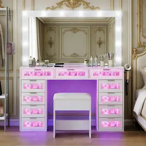 Vanity Desk with Makeup Mirror, featuring 11 LED lights with 3 adjustable brightness settings, ideal for bedrooms and walk-in closets; white vanity furniture