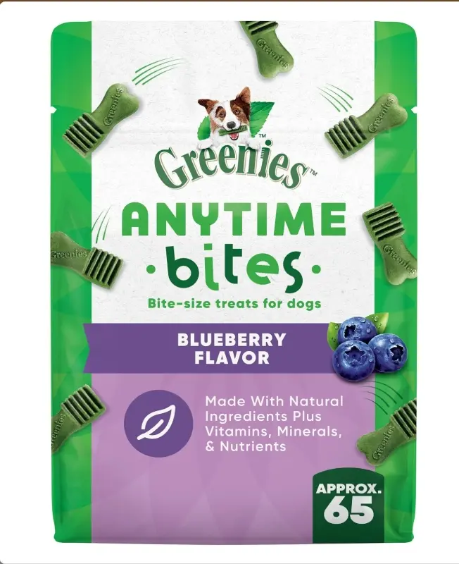 Greenies Anytime Bites Dog Treats Blueberry Flavor 10.3 oz Bag Chewy Small Treats with Natural Ingredients 15 Calories Per Treat