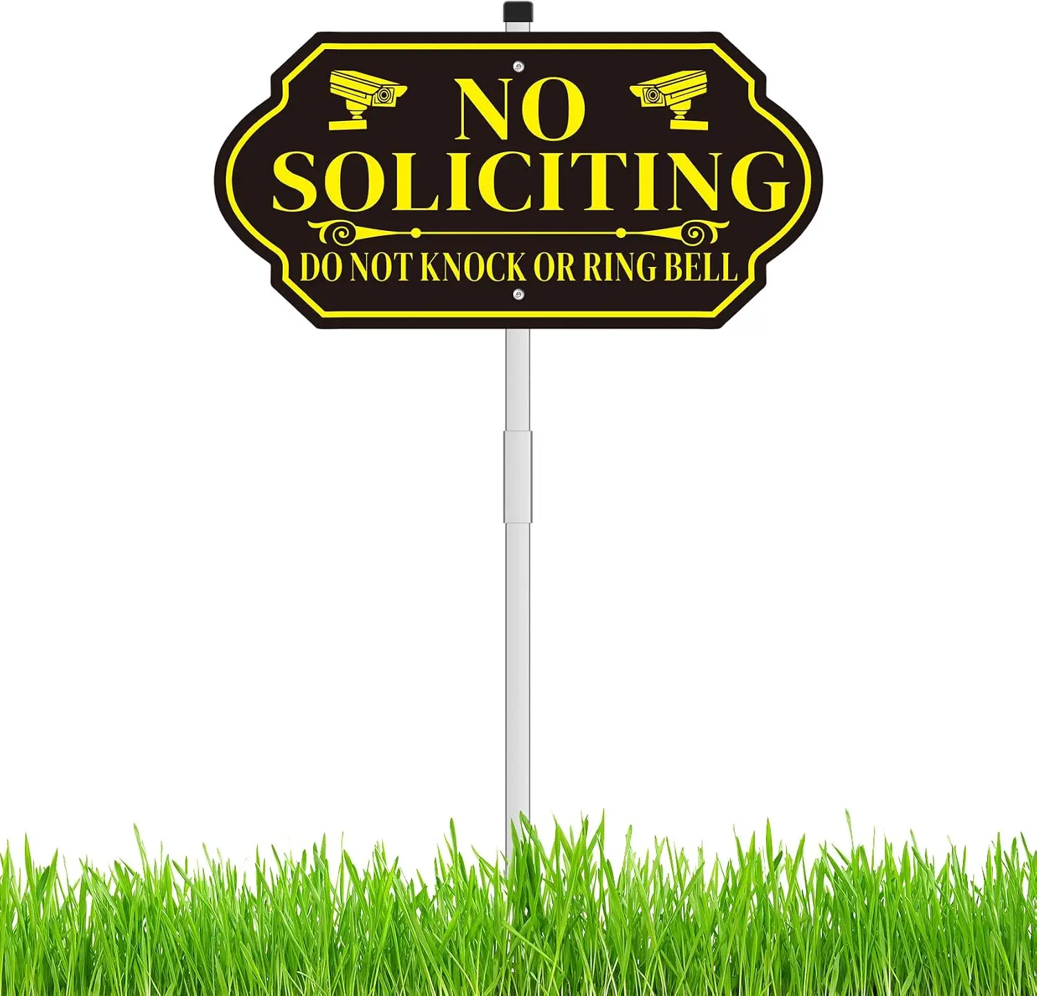 No Soliciting Sign with Stake for House, Aluminum 14"x 7" Outdoor Yard Sign | All Metal Construction, Adjustable 28" Long Stake, Waterproof & Fade Resistant Outdoor Yard Sign