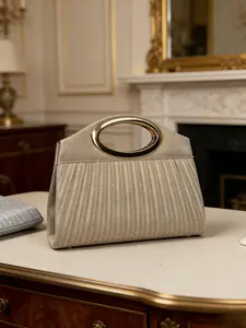 Starlight Silver Color Pleated Metal Ring Handle Evening Clutch, Handheld Bag Purse, Elegant Socialite Style, Delicate Sheen, Three-Dimensional Texture