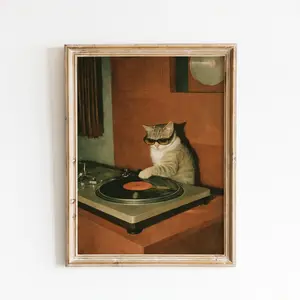 [Unframe Poster] DJ Cat Vinyl Poster  Retro Turntable Music Wall Art