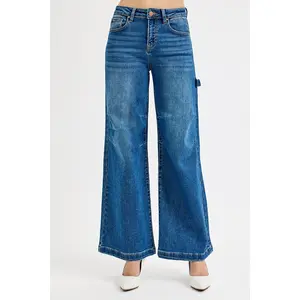 RISEN Full Size High Rise Wide Leg Patch Detailed Jeans Plus Size