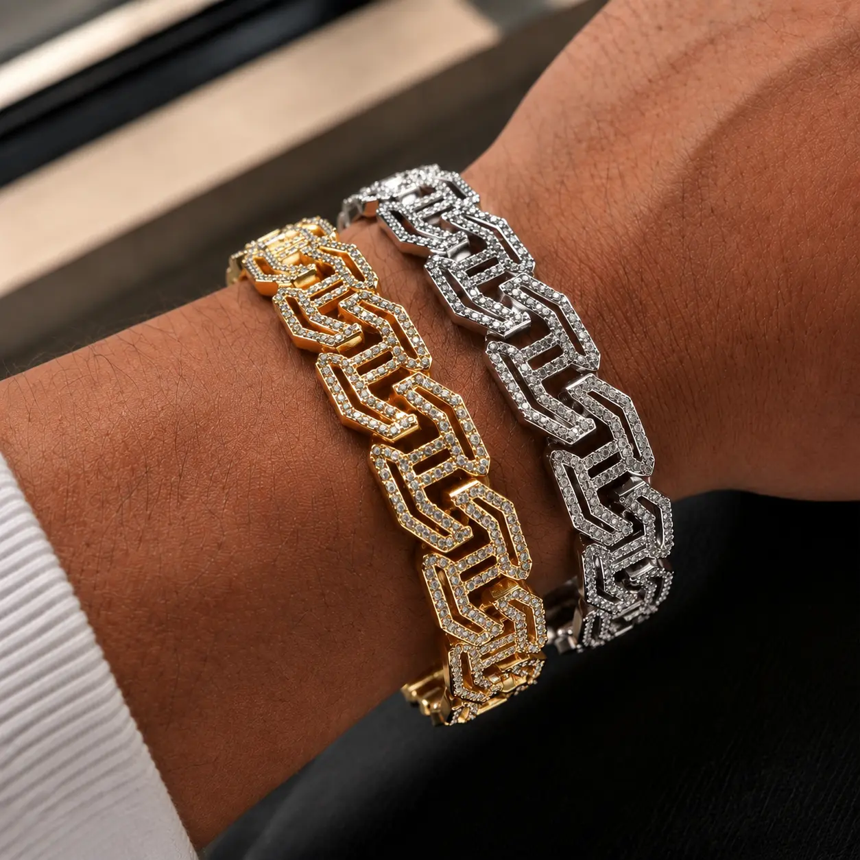 Men's Chains Bracelets Set, 2-Piece Gold & Silver Plated Cuban Link, Waterproof Tarnish-Resistant Fashion Jewelry Gift for Dad, Chains Bracelets & Bangles, Cuban Chain Link Bracelets & Bangles