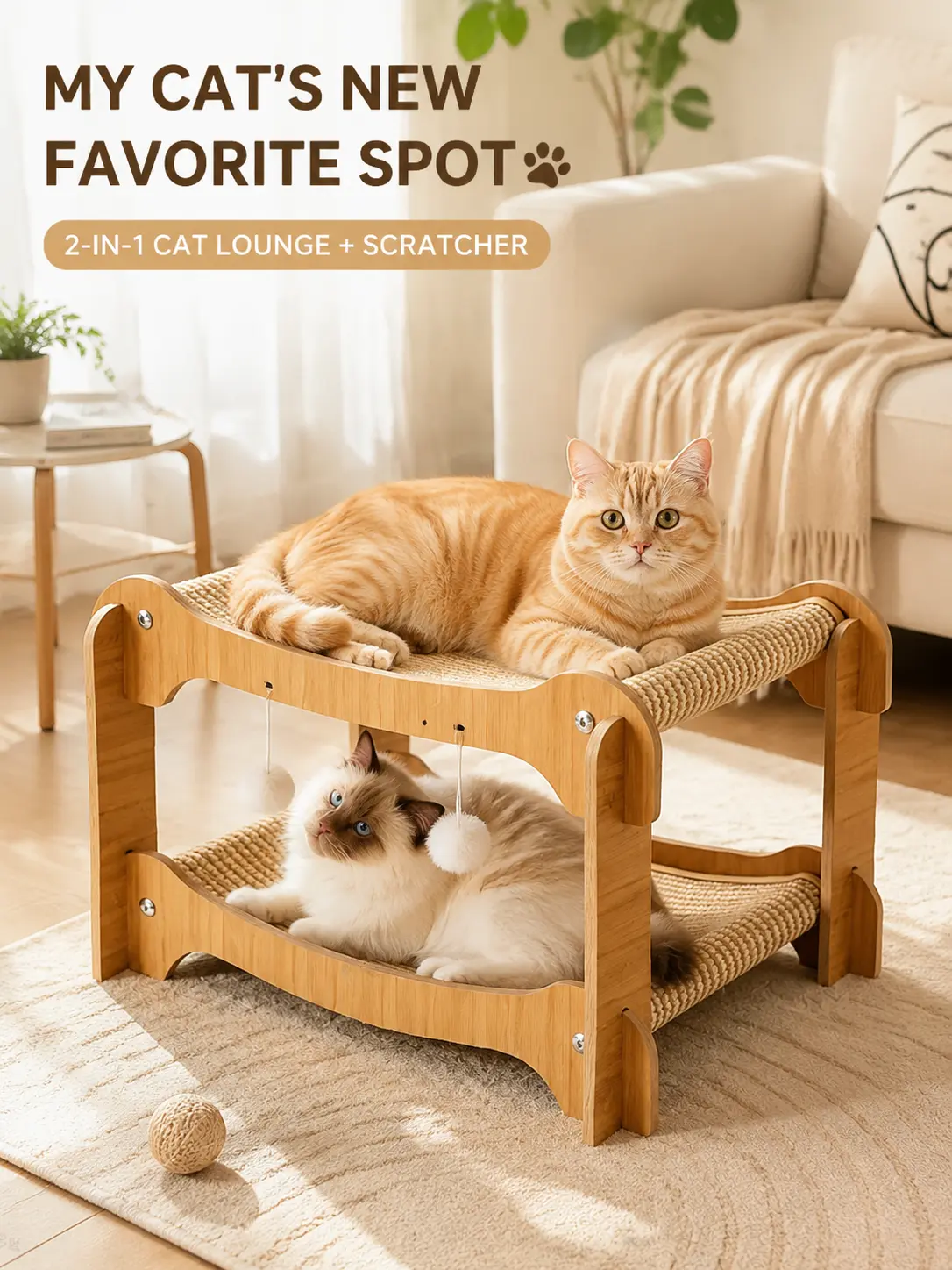 My Cat's New Favorite Spot 2-in-1 Cat Lounge & Scratcher Wooden Design for Comfortable Relaxation and Playtime sohochic