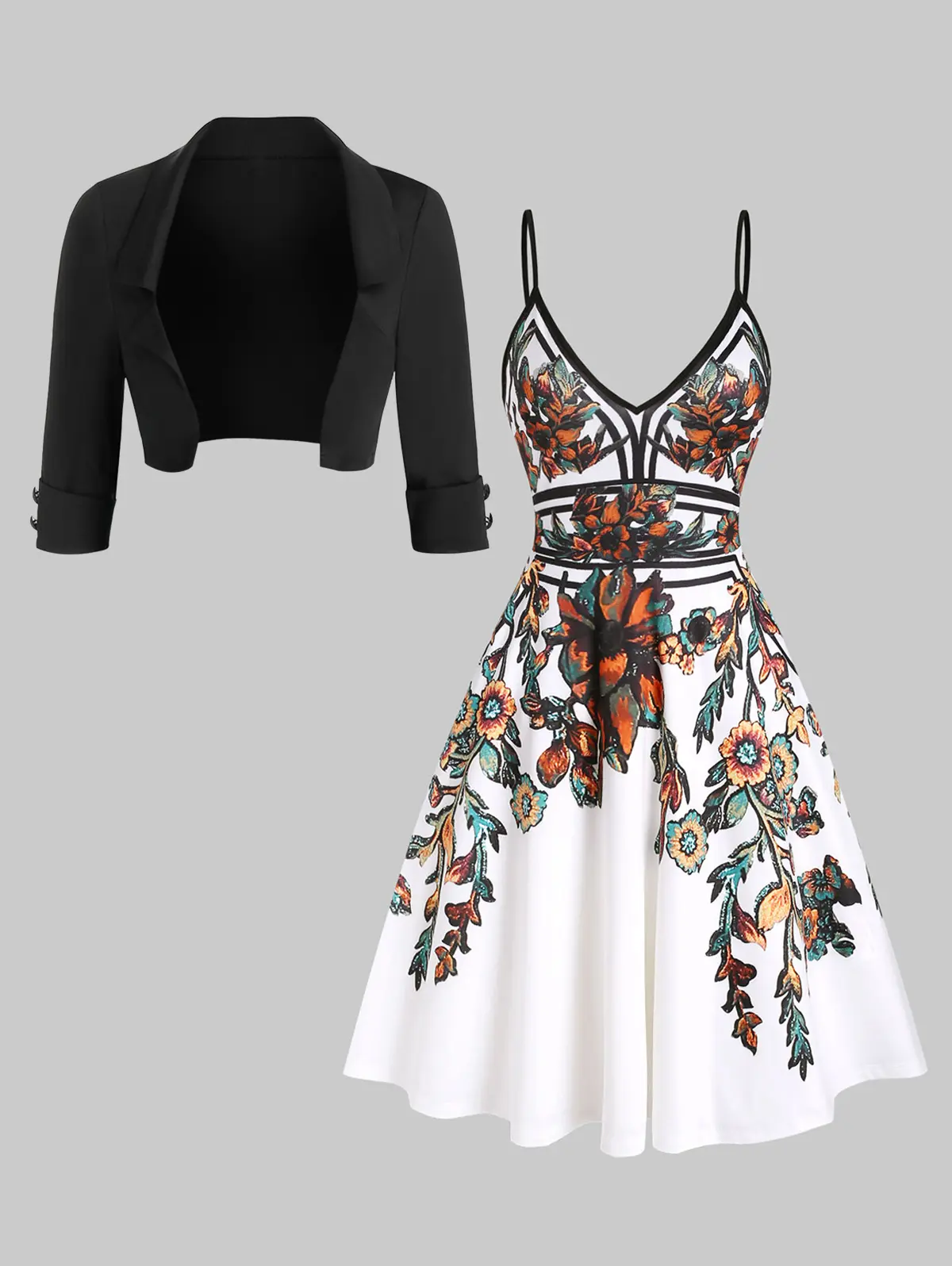 DRESSLILY 2025 Women's Matching Set Vacation Sundress Floral Leaf Printed Garden Party Dress Flare A Line Slip Mini Dress & Black Turndown Collar Cropped Jacket