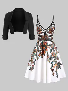 DRESSLILY 2025 Women's Matching Set Vacation Sundress Floral Leaf Printed Garden Party Dress Flare A Line Slip Mini Dress & Black Turndown Collar Cropped Jacket