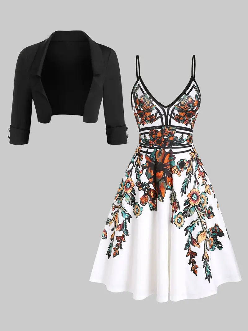 chinese dress ladies Solid Pin Tucked A-Line Dress with Floral Embroidered Jacket