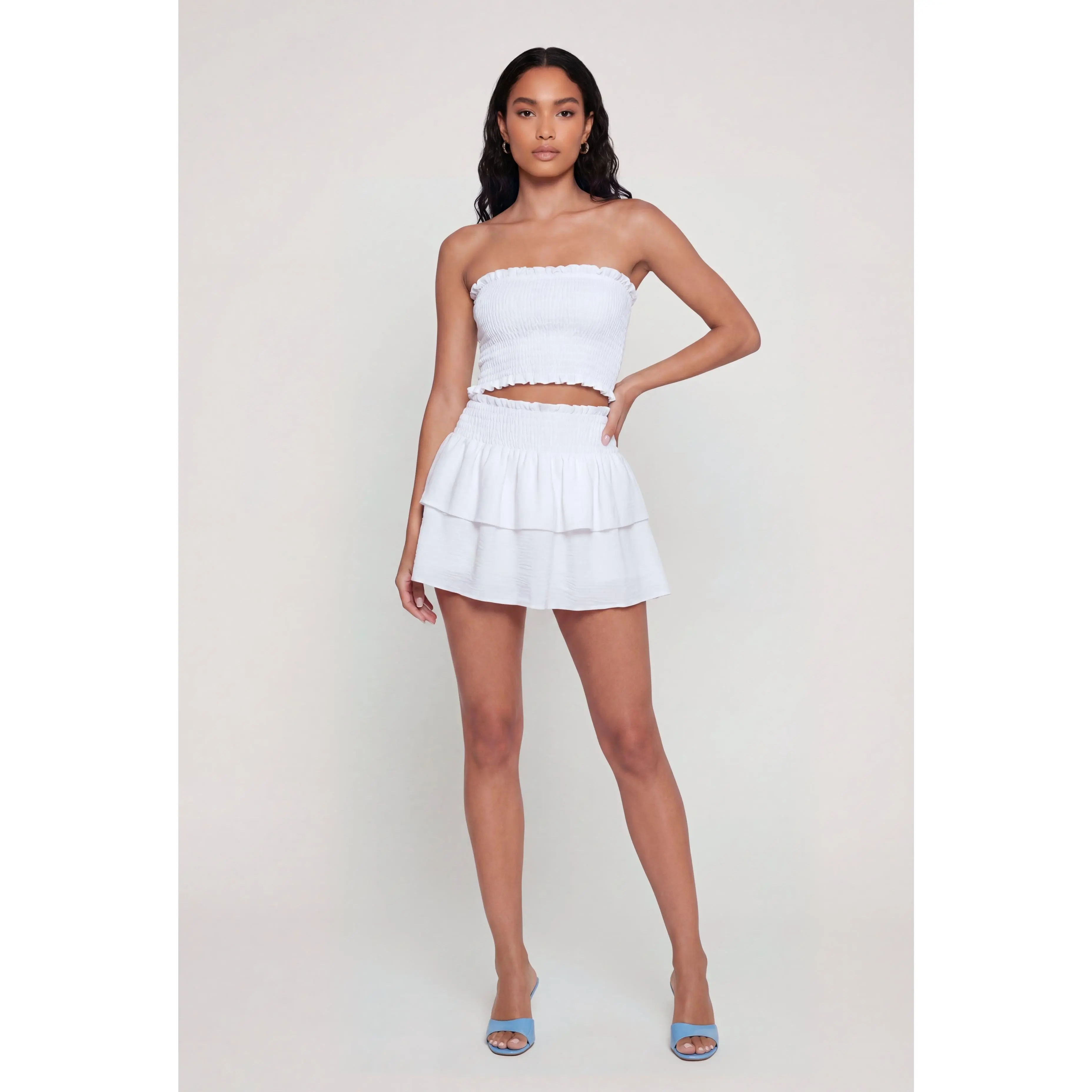 Crepe Knit Smocked Waist Tiered Mini Skirt