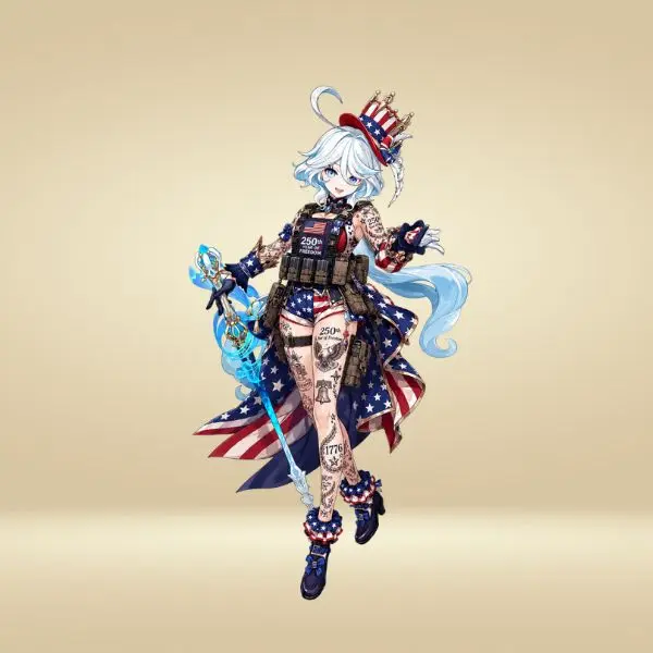 Furina Genshin 250th Year of Freedom Sticker, Patriotic Anime Waifu Vinyl Decal, USA Anniversary Tactical Style Sticker, Waterproof Laptop Car Tumbler Decor Gift