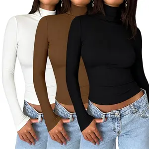 Women's 3 Pack Casual Crop Tops - Long Sleeve Crewneck & Turtleneck, Slim Fit Y2K Korean Style, Basic Minimalist Layering Shirts for Daily