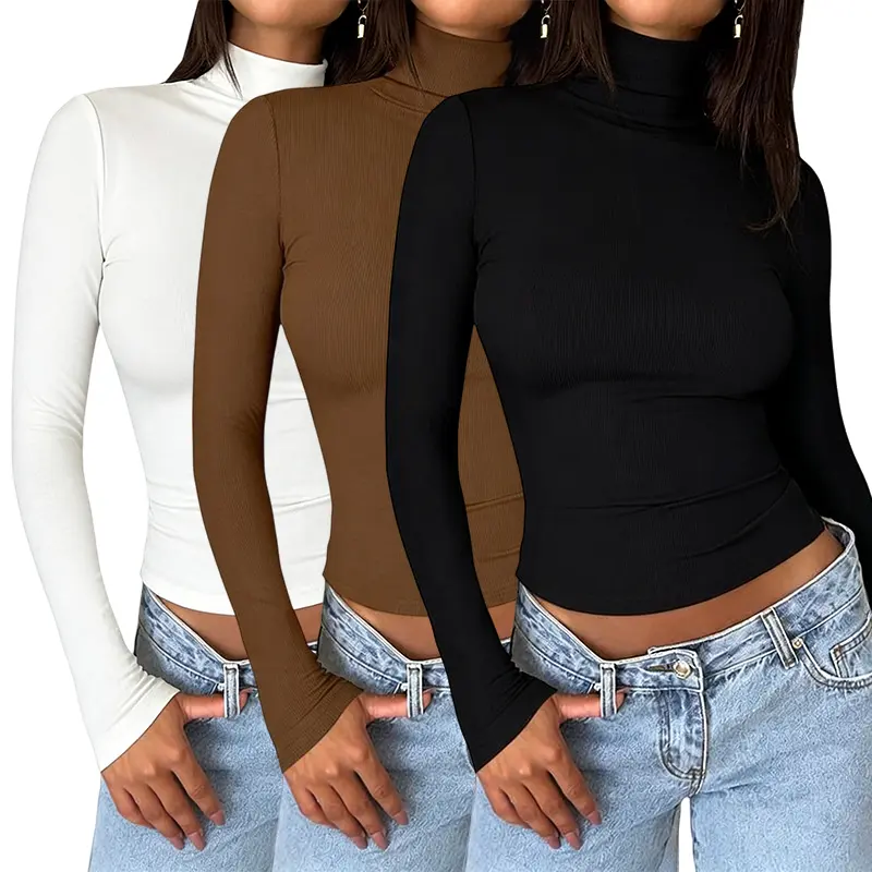 Women's 3 Pack Casual Crop Tops - Long Sleeve Crewneck & Turtleneck, Slim Fit Y2K Korean Style, Basic Minimalist Layering Shirts for Daily