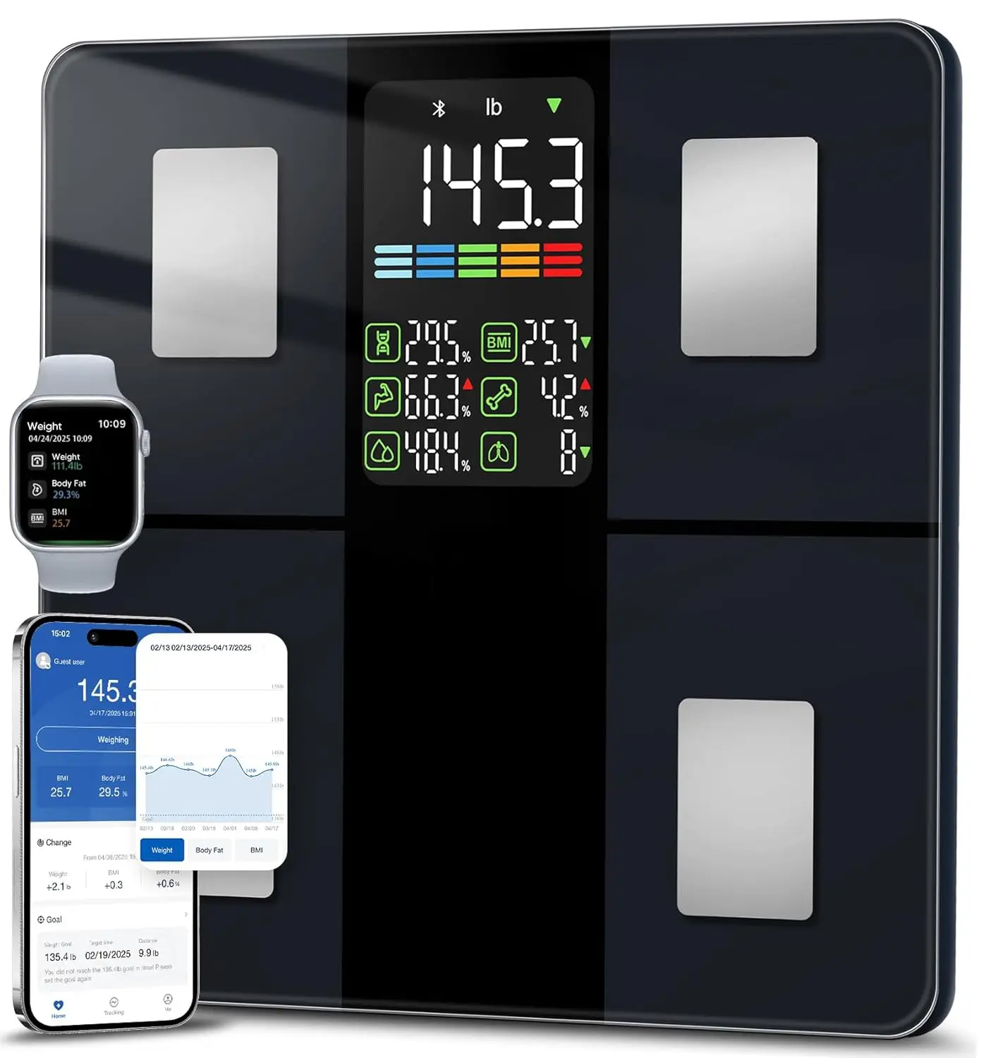 Scale for Body Weight, Body Fat, BMI, Muscle Mass, Smart Bathroom Scales with 14 Body Composition Metrics with Large Display, Accurate Bluetooth Weighing Machine with Fitness App, 400 lbs, Black