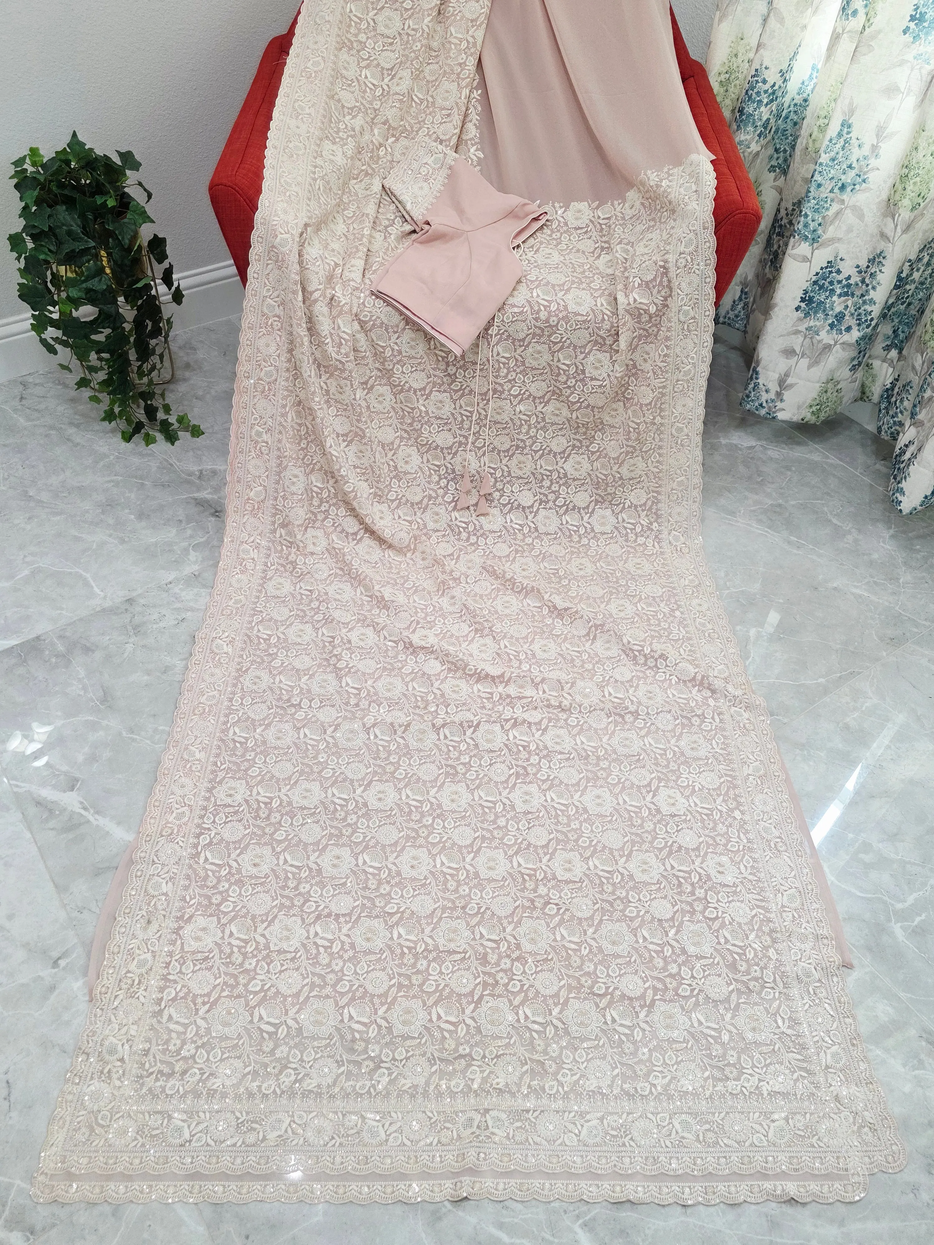 Blush Champagne Nude Viscose Georgette Saree with Pearl White Chikankari Embroidery & Stitched Blouse