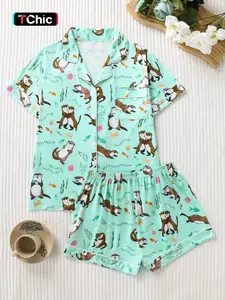 Women's Cute Cartoon Otter All-Over Printed Matching Pajama Set, Soft Breathable Fabric, Casual Loose Fit Short Sleeve Top & Shorts