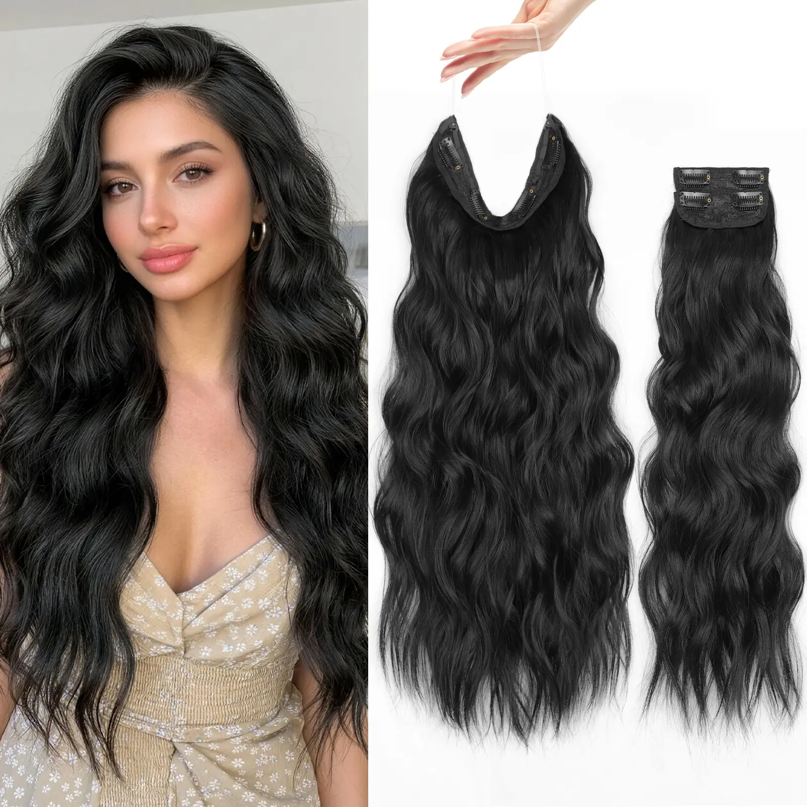 [kookastyle]3PCS Invisible Wire & Clip-In Black Hair Extensions,22" 3PCS for Full Head Coverage,Side Volume Fillers,Wedding Party Daily Wear Beach Wave Curl Synthetic